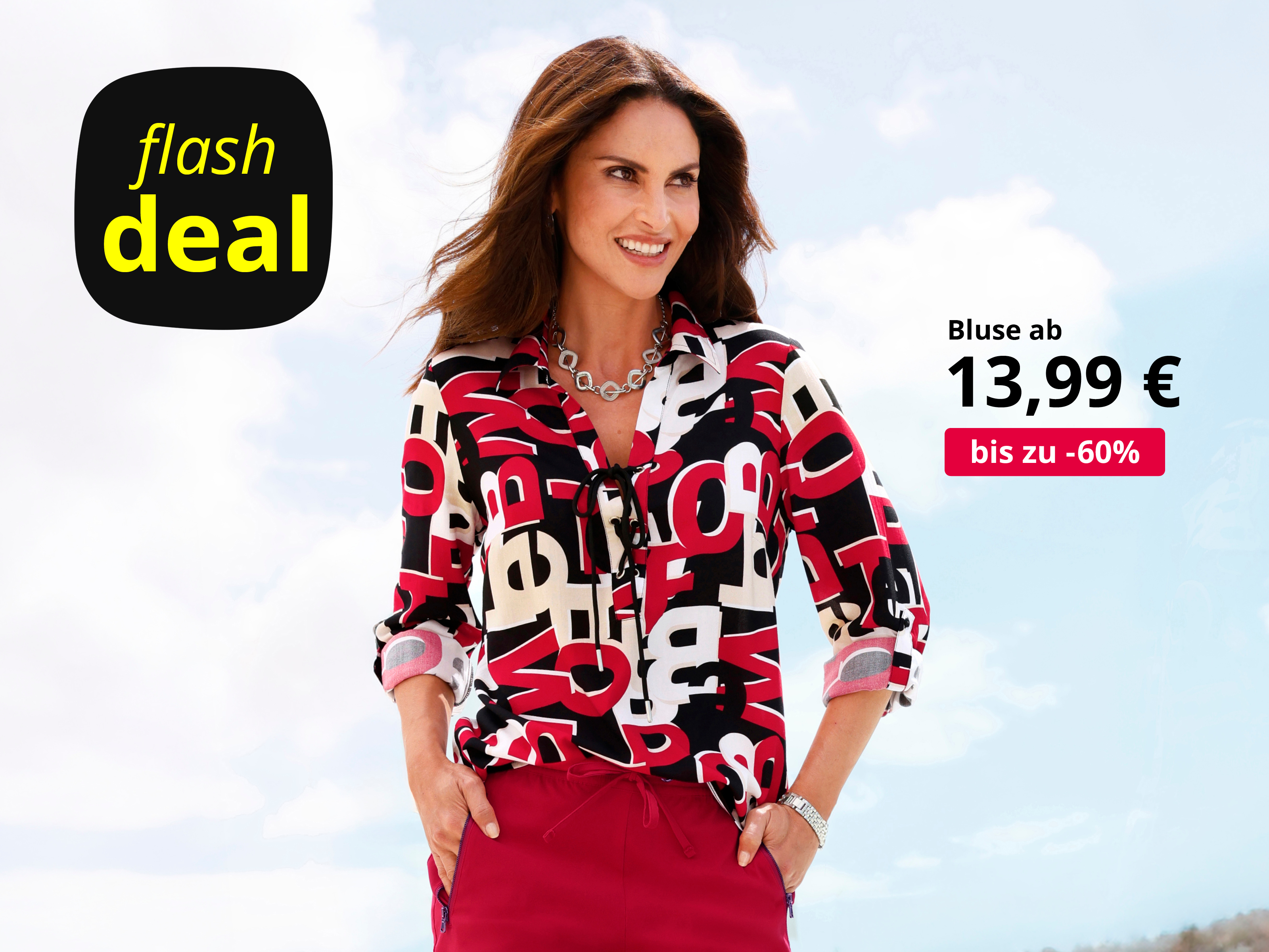 Werbebanner mit Model in Bluse mit Lettering-Print und Text: Flash Deal, Bluse ab 13,99€, bis zu -60%