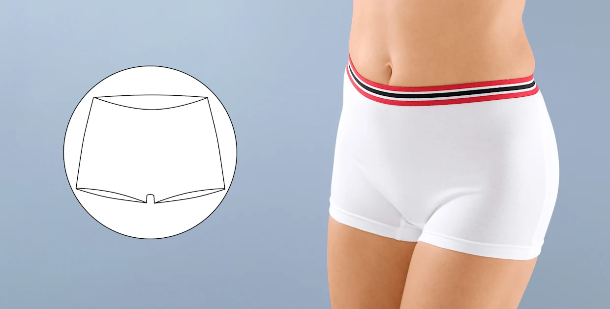 Weiße Damen-Panty mit elastischem Bund in Rot, Schwarz und Weiß, dargestellt vor blauem Hintergrund mit Detailabbildung der Schnittform.