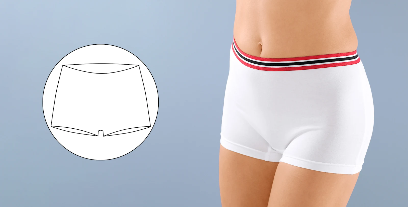 Weiße Damen-Panty mit elastischem Bund in Rot, Schwarz und Weiß, dargestellt vor blauem Hintergrund mit Detailabbildung der Schnittform.