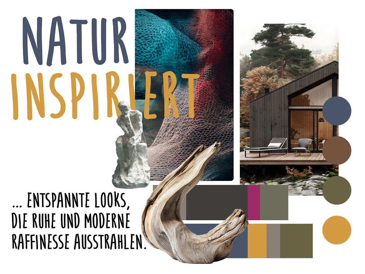 Das Symbol zeigt ein Moodboard mit Naturmotiven und dem Text 'NATUR INSPIRIERT' für entspannte, raffinierte Looks. Das Symbol zeigt ein Moodboard mit Naturmotiven und dem Text 'NATUR INSPIRIERT' für entspannte, raffinierte Looks.