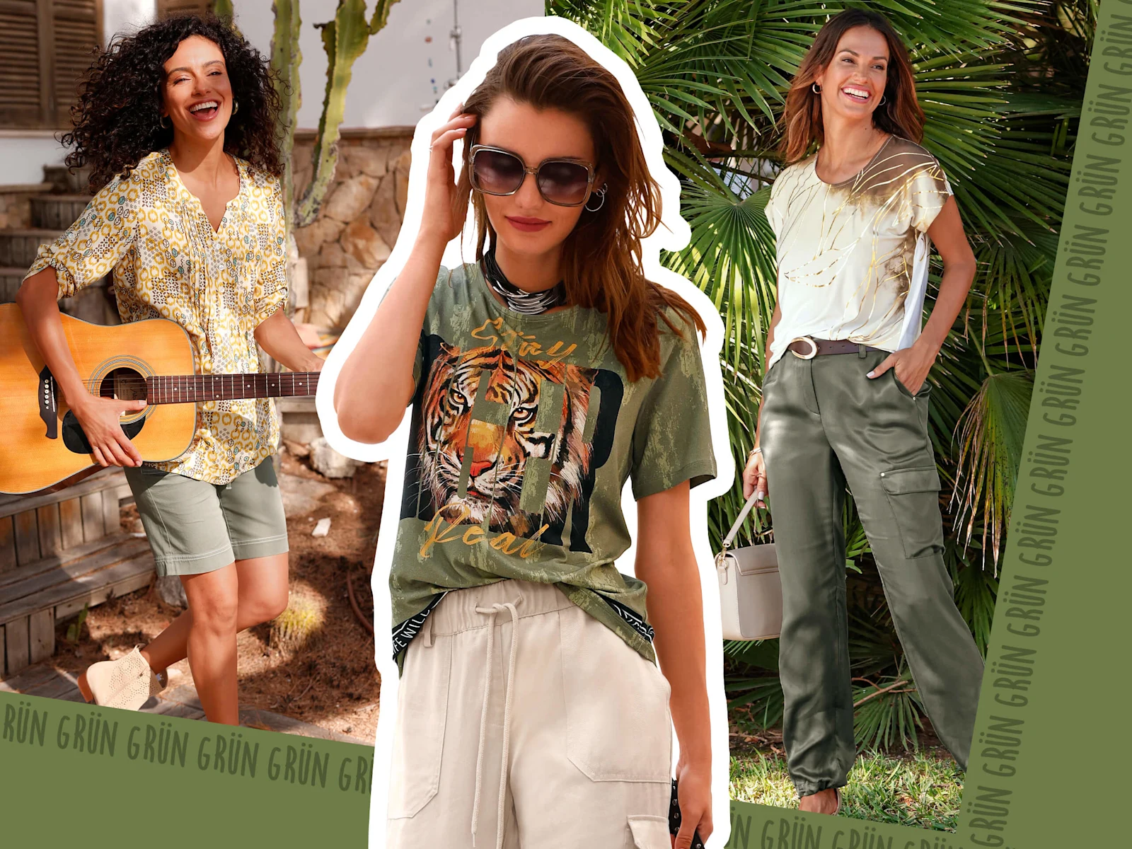 Collage mit drei Models: Das Model auf der linken Seite trägt eine sand-ocker-bedruckte Longbluse mit krempelbaren Ärmeln, das Model in der Mitte trägt ein khaki-braun-bedrucktes Shirt mit Tiger-Print und das Model auf der rechten Seite trägt ein sand-goldfarben-bedrucktes Shirt zu einer khakifarbenen Cargohose mit Glanz-Effekt. Collage mit drei Models: Das Model auf der linken Seite trägt eine sand-ocker-bedruckte Longbluse mit krempelbaren Ärmeln, das Model in der Mitte trägt ein khaki-braun-bedrucktes Shirt mit Tiger-Print und das Model auf der rechten Seite trägt ein sand-goldfarben-bedrucktes Shirt zu einer khakifarbenen Cargohose mit Glanz-Effekt.