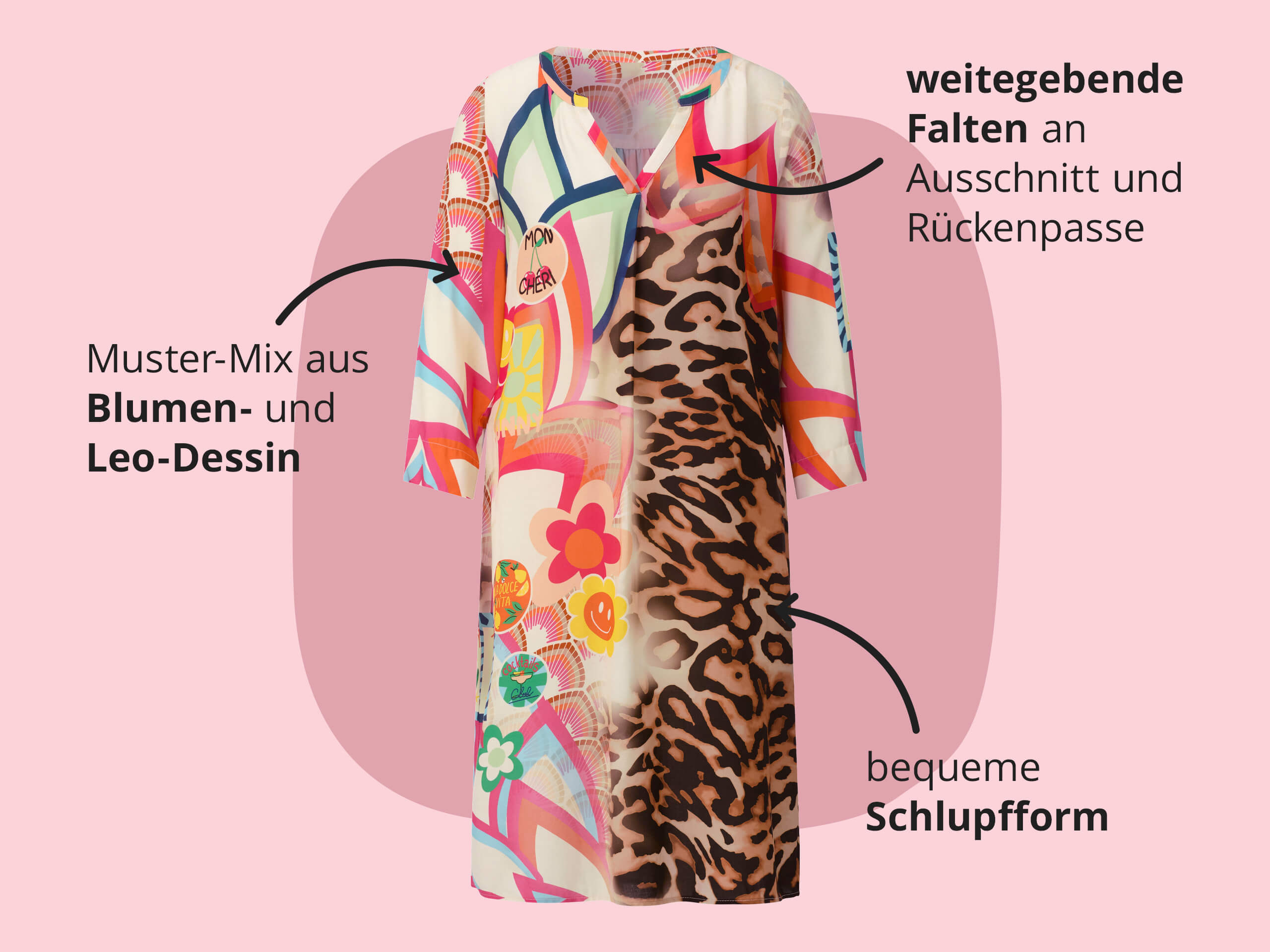 Ein Bild mit den Texten 'Muster-Mix aus Blumen- und Leo-Dessin weitegebende Falten an Ausschnitt und Rückenpasse bequeme Schlupfform'. Der Hintergrund zeigt ein farbenfrohes Kleid mit auffälligem Muster-Mix aus Blumen- und Leoparden-Design, dazu die textlichen Hinweise, alles in einem modernen, freundlichen Stil.