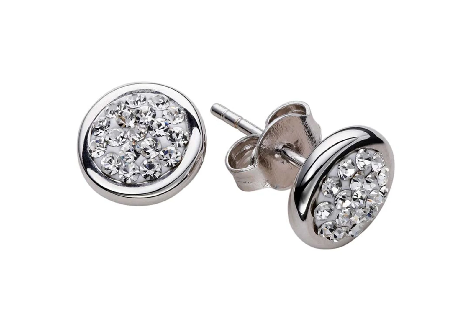 Silberne Ohrstecker mit glitzernden Strasssteinen in runder Fassung. Silberne Ohrstecker mit glitzernden Strasssteinen in runder Fassung.