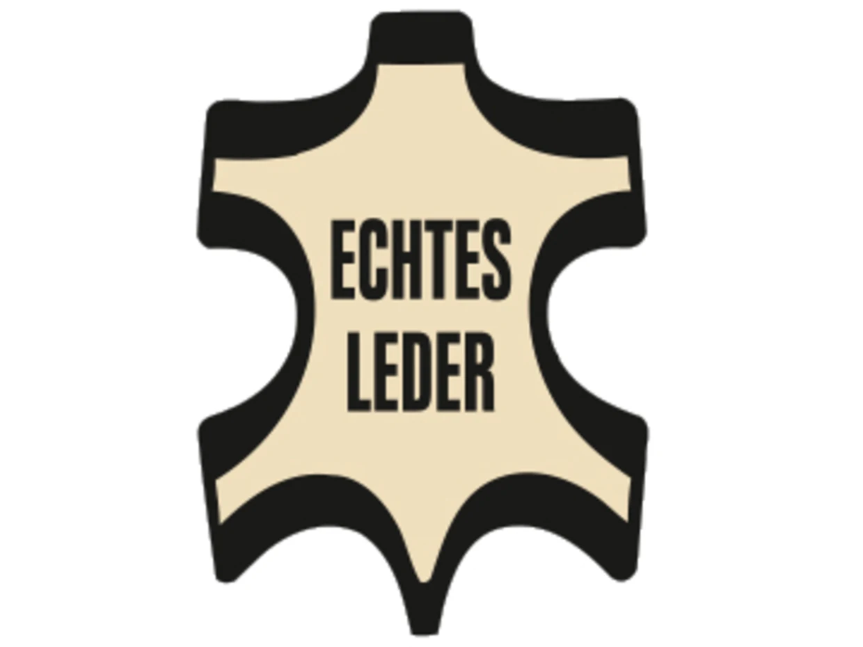 Symbol in Form einer Lederhaut mit der Aufschrift "Echtes Leder" in schwarzer Schrift auf beigem Hintergrund. Symbol in Form einer Lederhaut mit der Aufschrift "Echtes Leder" in schwarzer Schrift auf beigem Hintergrund.