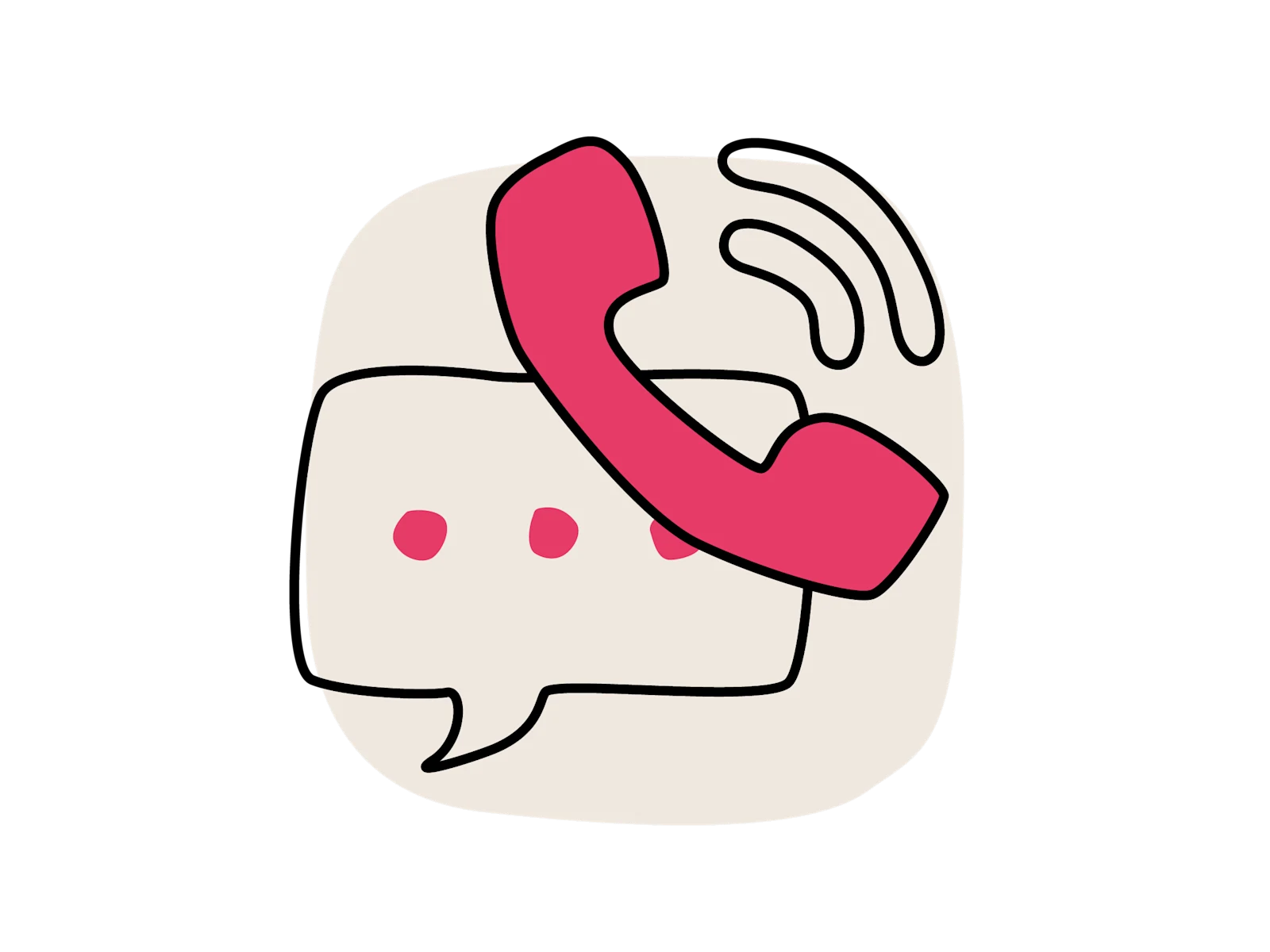 Illustration eines rosafarbenen Telefonhörers neben einer Sprechblase, als Symbol für Kontakt und Beratung.