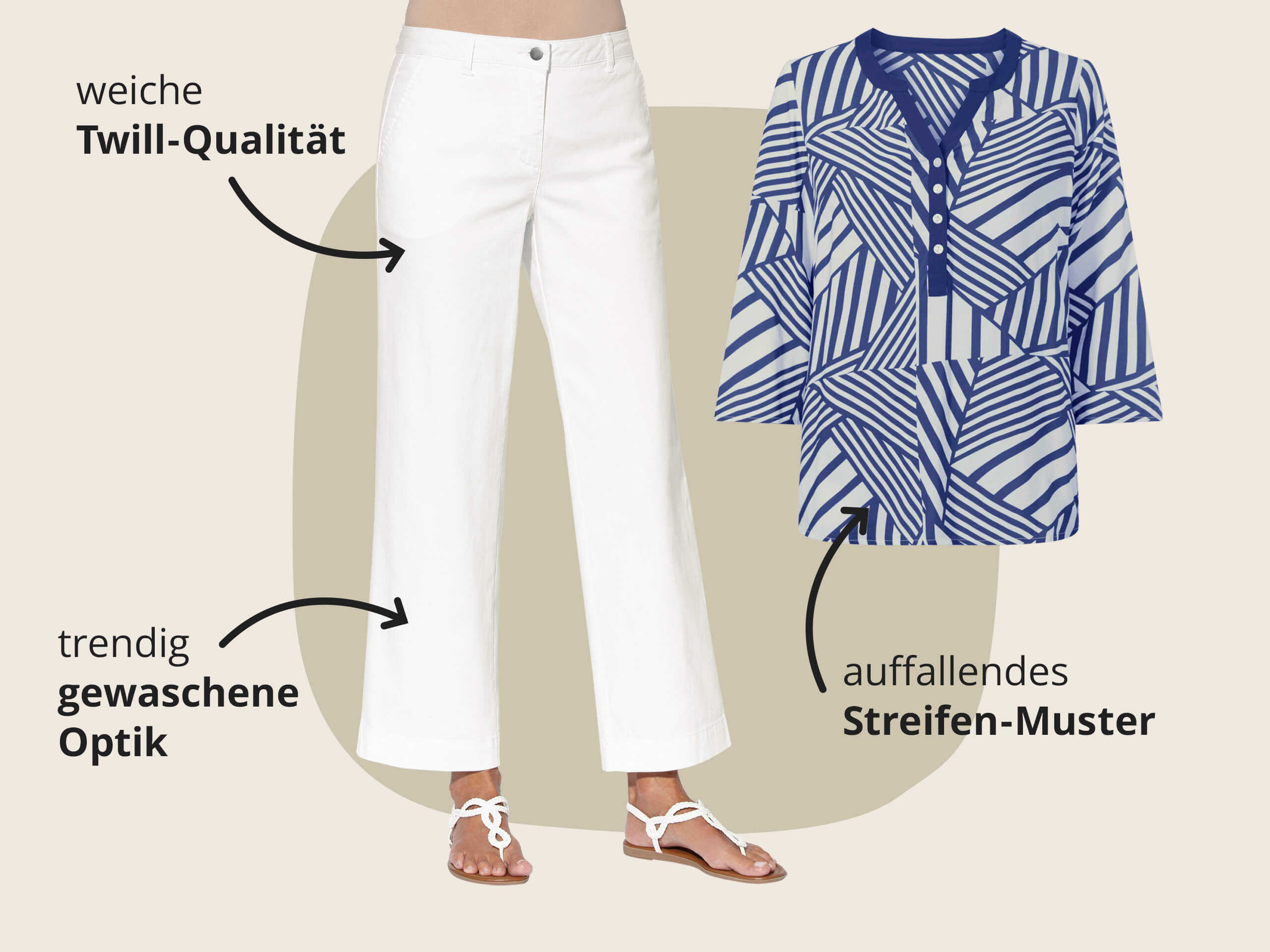 Ein Bild mit den Texten 'weiche Twill-Qualität trendig gewaschene Optik auffallendes Streifen-Muster'. Der Hintergrund zeigt eine weiße Jeans und eine blau-weiß gemusterte Schlupfbluse, daneben stehen die jeweiligen Design- und Materialhinweise, alles in modernem, freundlichem Stil.