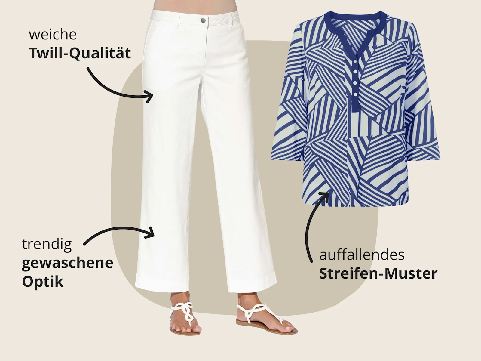 Ein Bild mit den Texten 'weiche Twill-Qualität trendig gewaschene Optik auffallendes Streifen-Muster'. Der Hintergrund zeigt eine weiße Jeans und eine blau-weiß gemusterte Schlupfbluse, daneben stehen die jeweiligen Design- und Materialhinweise, alles in modernem, freundlichem Stil. Ein Bild mit den Texten 'weiche Twill-Qualität trendig gewaschene Optik auffallendes Streifen-Muster'. Der Hintergrund zeigt eine weiße Jeans und eine blau-weiß gemusterte Schlupfbluse, daneben stehen die jeweiligen Design- und Materialhinweise, alles in modernem, freundlichem Stil.