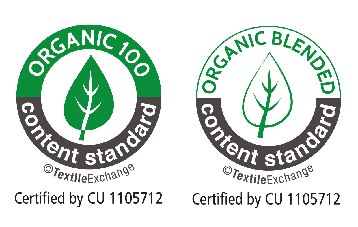 Das Symbol zeigt zwei Siegel: 'Organic 100 content standard' und 'Organic Blended content standard', zertifiziert von CU 1105712.