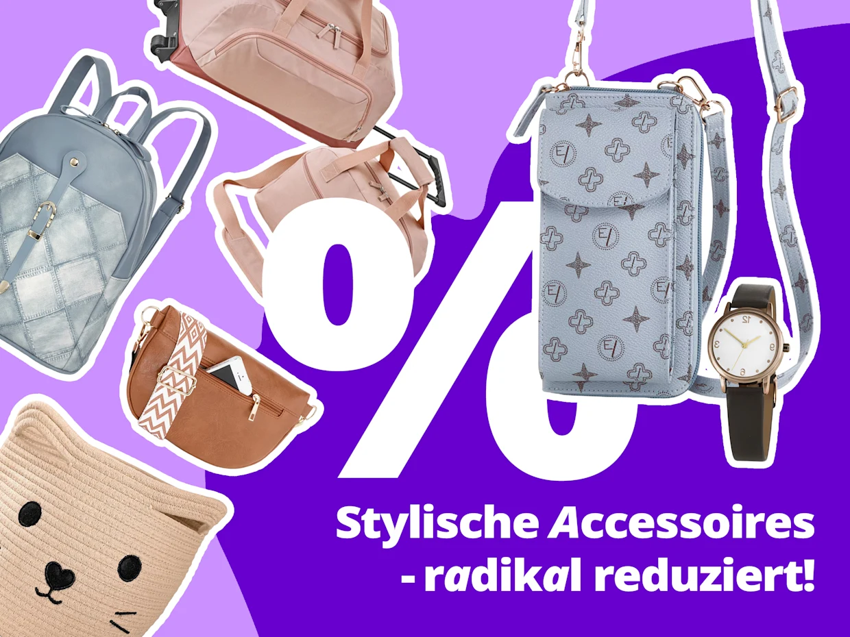 Werbegrafik mit großem Prozentzeichen, Taschen, Uhr und Accessoires vor lilafarbenem Hintergrund. Text: ‚Stylische Accessoires – radikal reduziert!‘.
