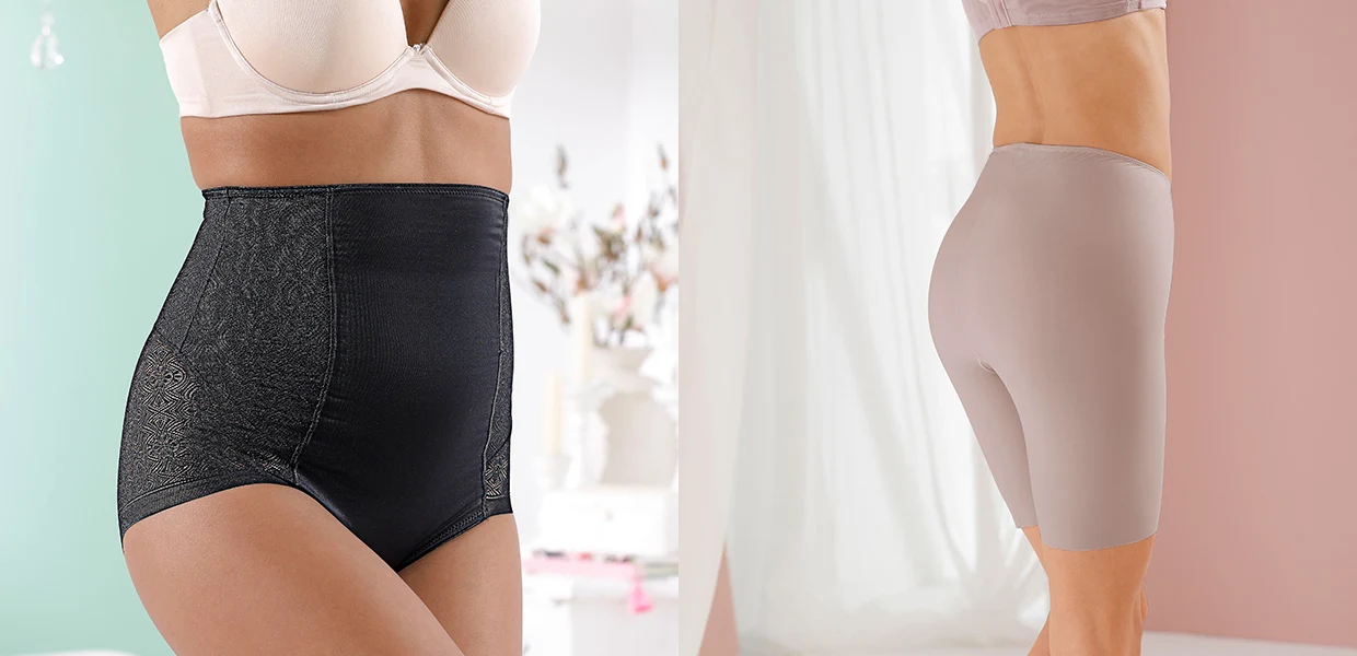 Damen-Shapewear: Links eine schwarze Taillenhose mit Muster, rechts hautfarbene figurformende Shorts.
