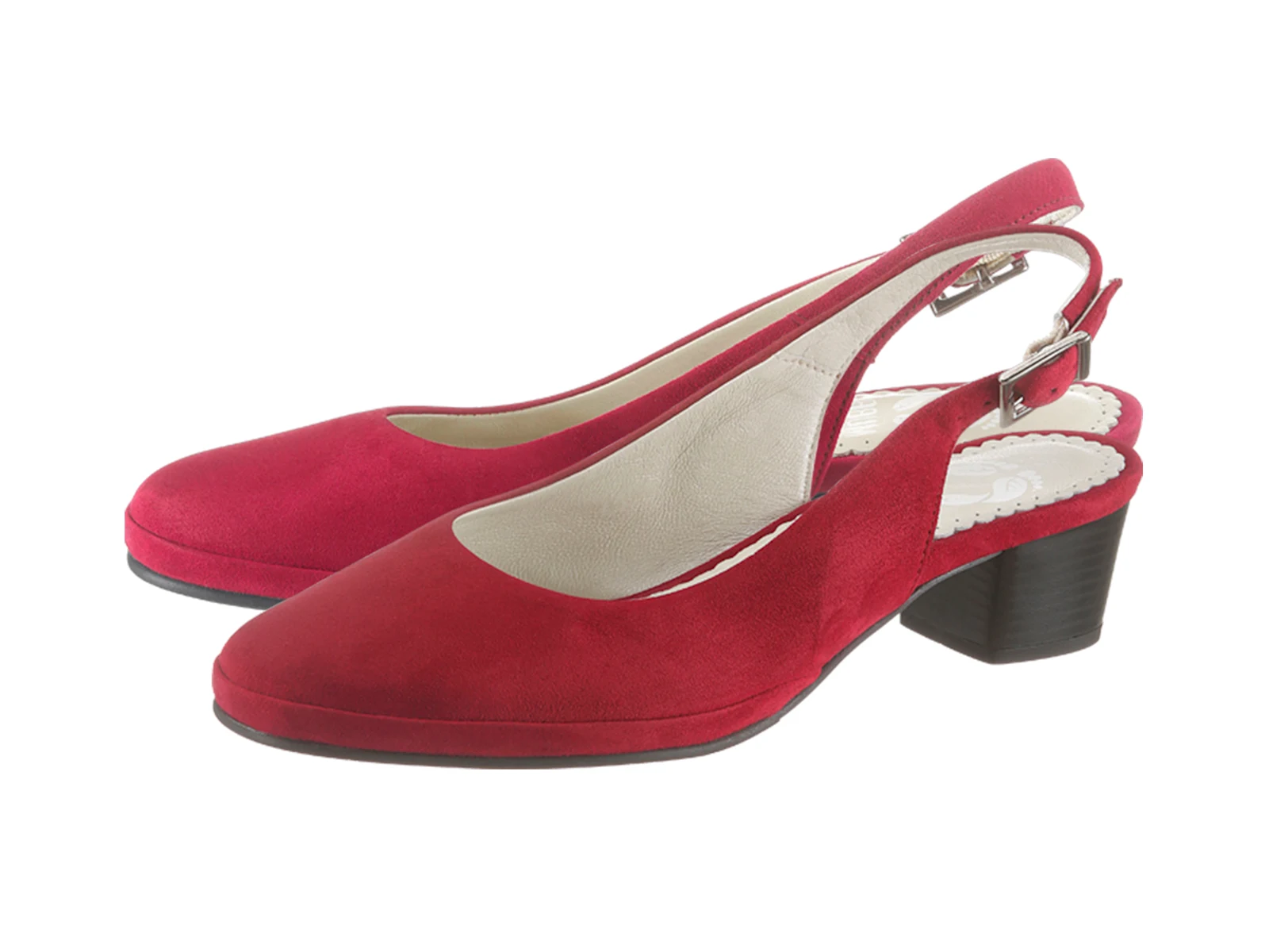 Rote Slingpumps aus Veloursleder mit Blockabsatz und verstellbarer Fersenriemen-Schnalle. Rote Slingpumps aus Veloursleder mit Blockabsatz und verstellbarer Fersenriemen-Schnalle.