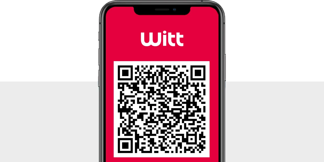 Smartphone mit rotem Bildschirm, darauf der Schriftzug "Witt" und ein großer QR-Code. Smartphone mit rotem Bildschirm, darauf der Schriftzug "Witt" und ein großer QR-Code.