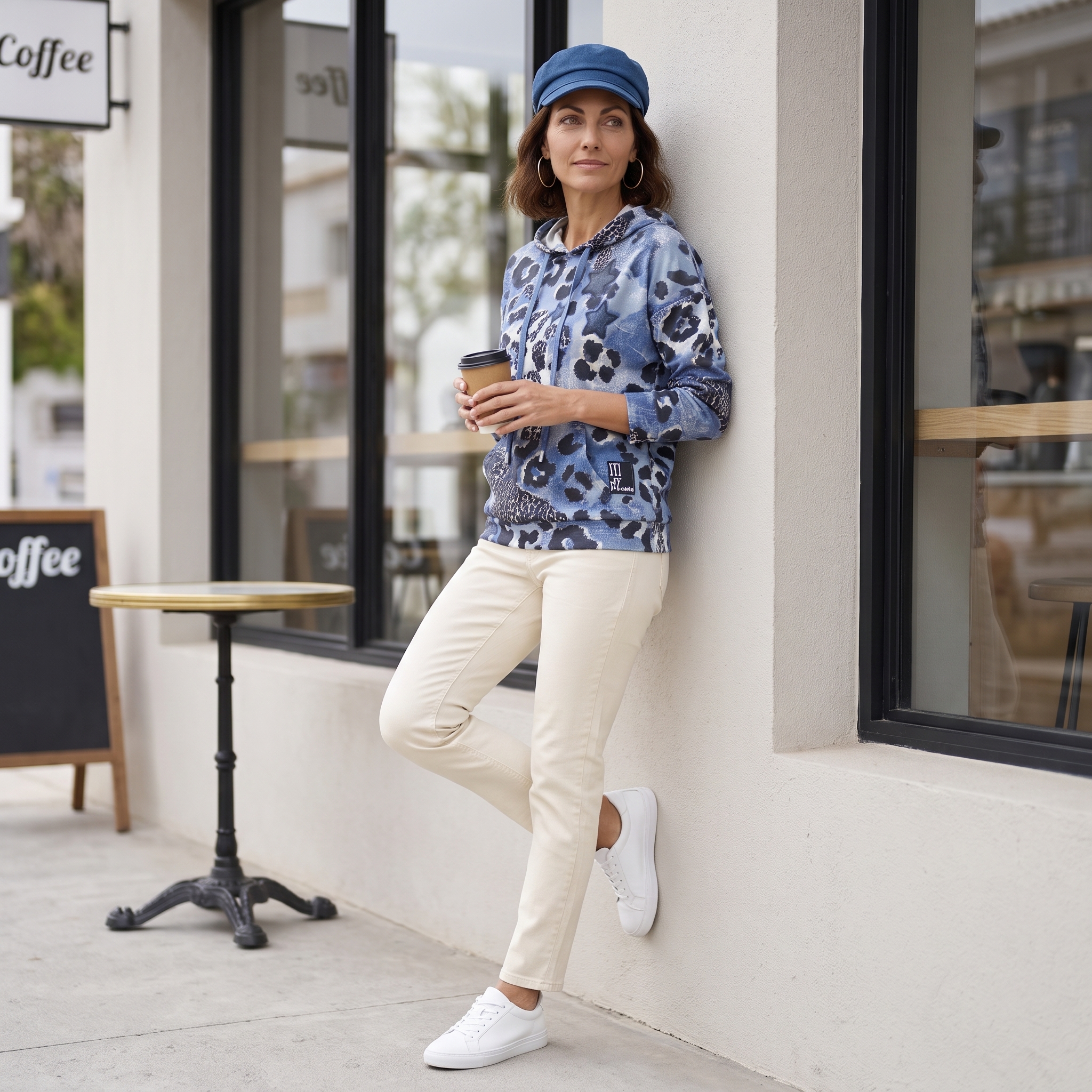 Animal-Print-Bluse mit schmal geschnittener Hose im hellen Büro