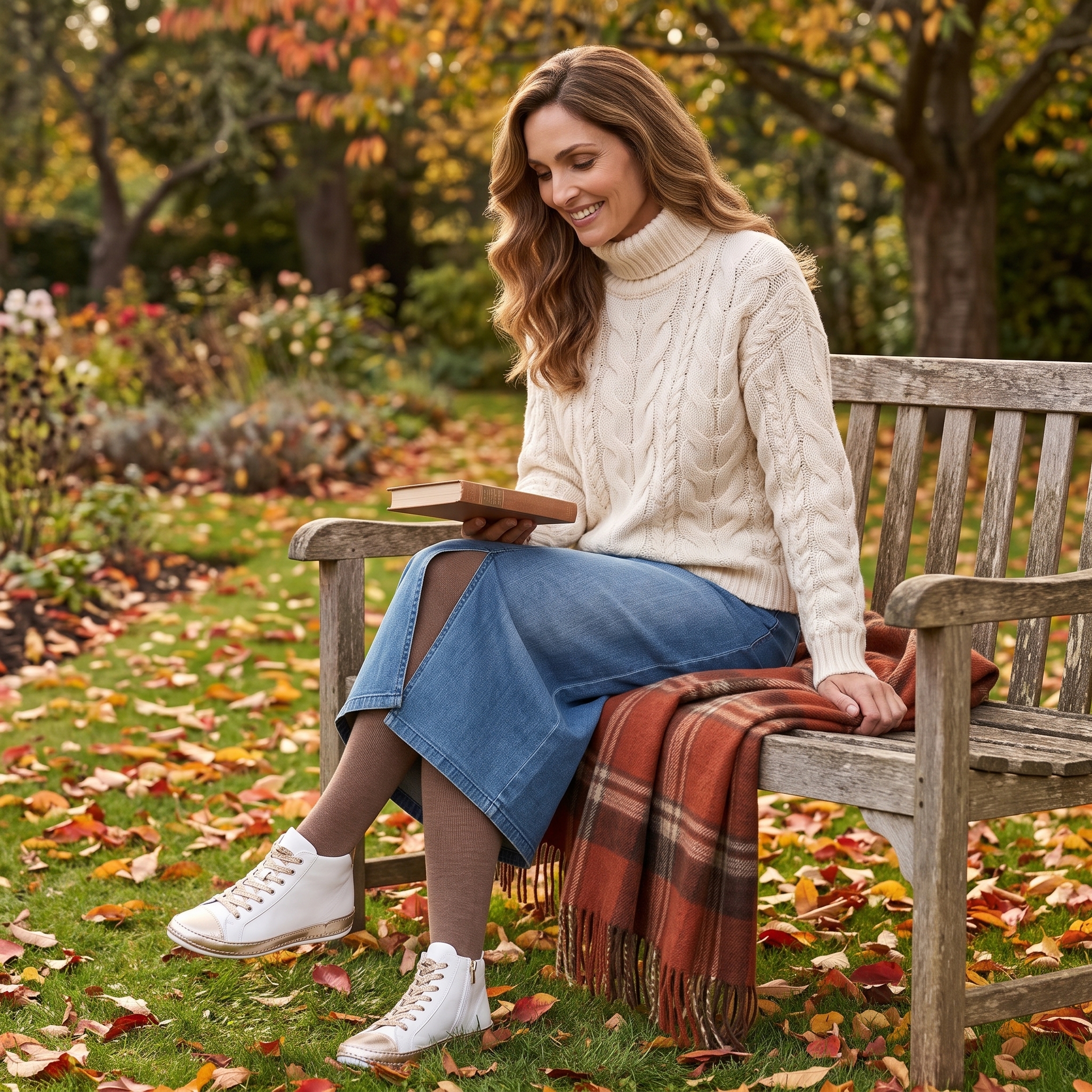 Langer Jeansrock mit Bluse und wärmender Weste in einer herbstlichen Parkszene