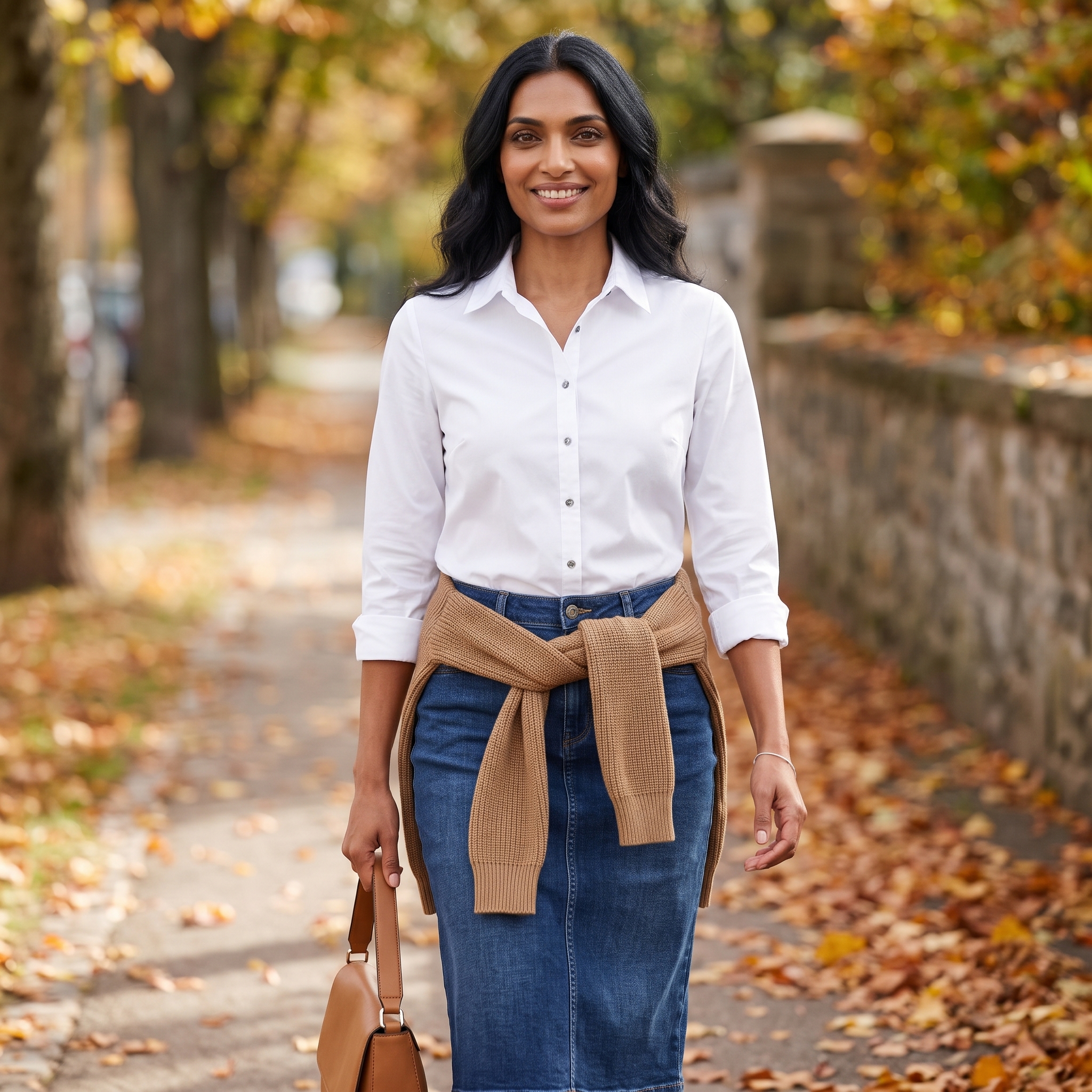 Midi-Jeansrock mit Hemdbluse und kurzem Blazer im modernen Bürolook