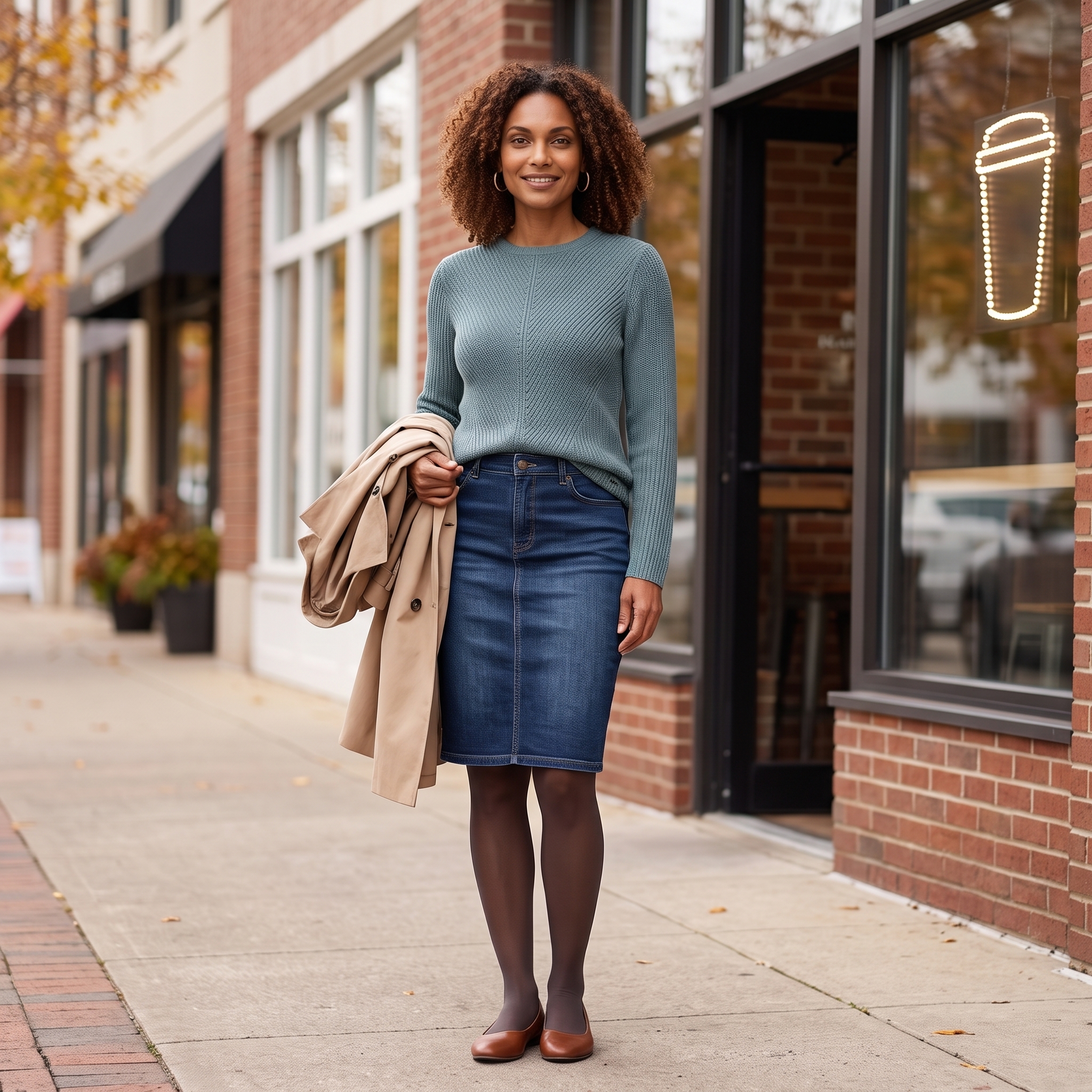 Feminin kombiniertes Denim-Ensemble bei einem Abend mit Freundinnen in warm beleuchtetem Café