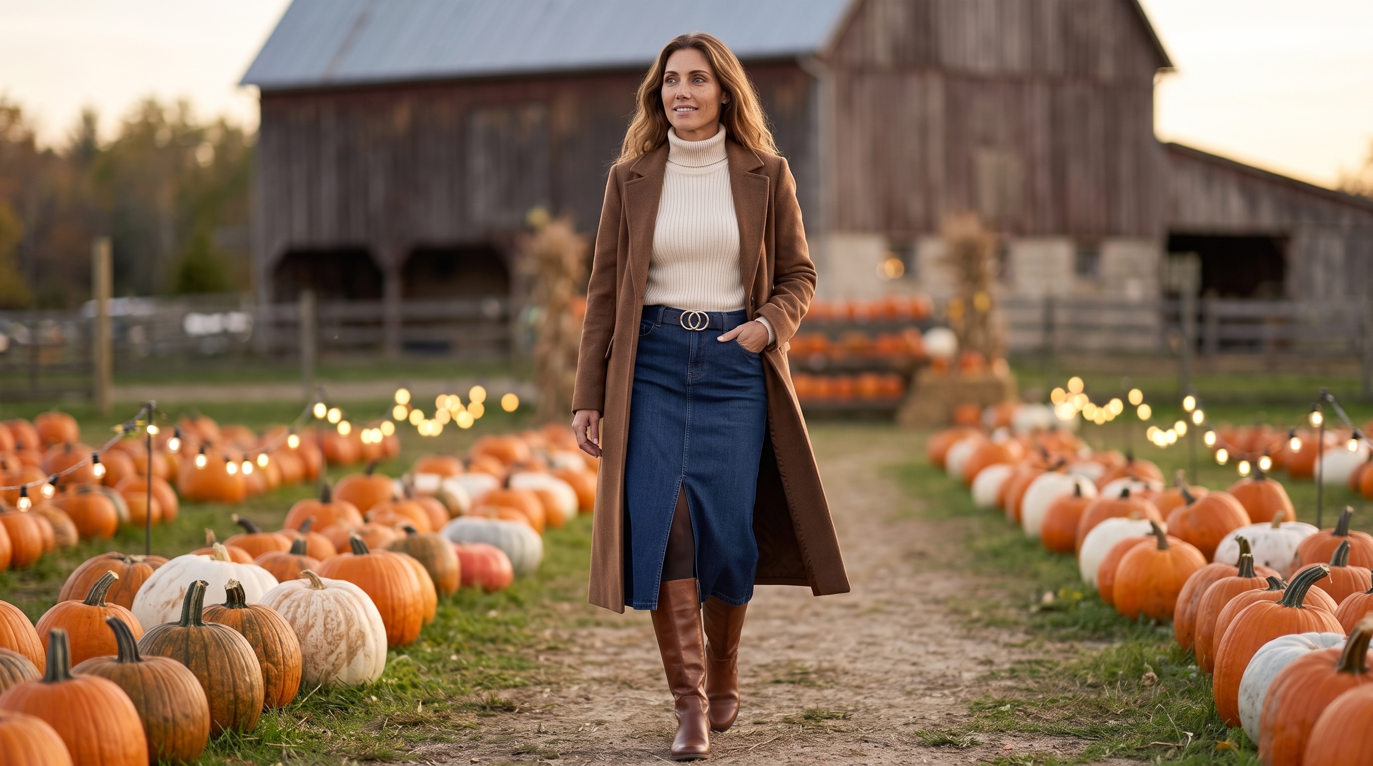 Stilvolle Herbstszene mit Jeansrock, Strickpullover und Stiefeletten in warmen Naturtönen