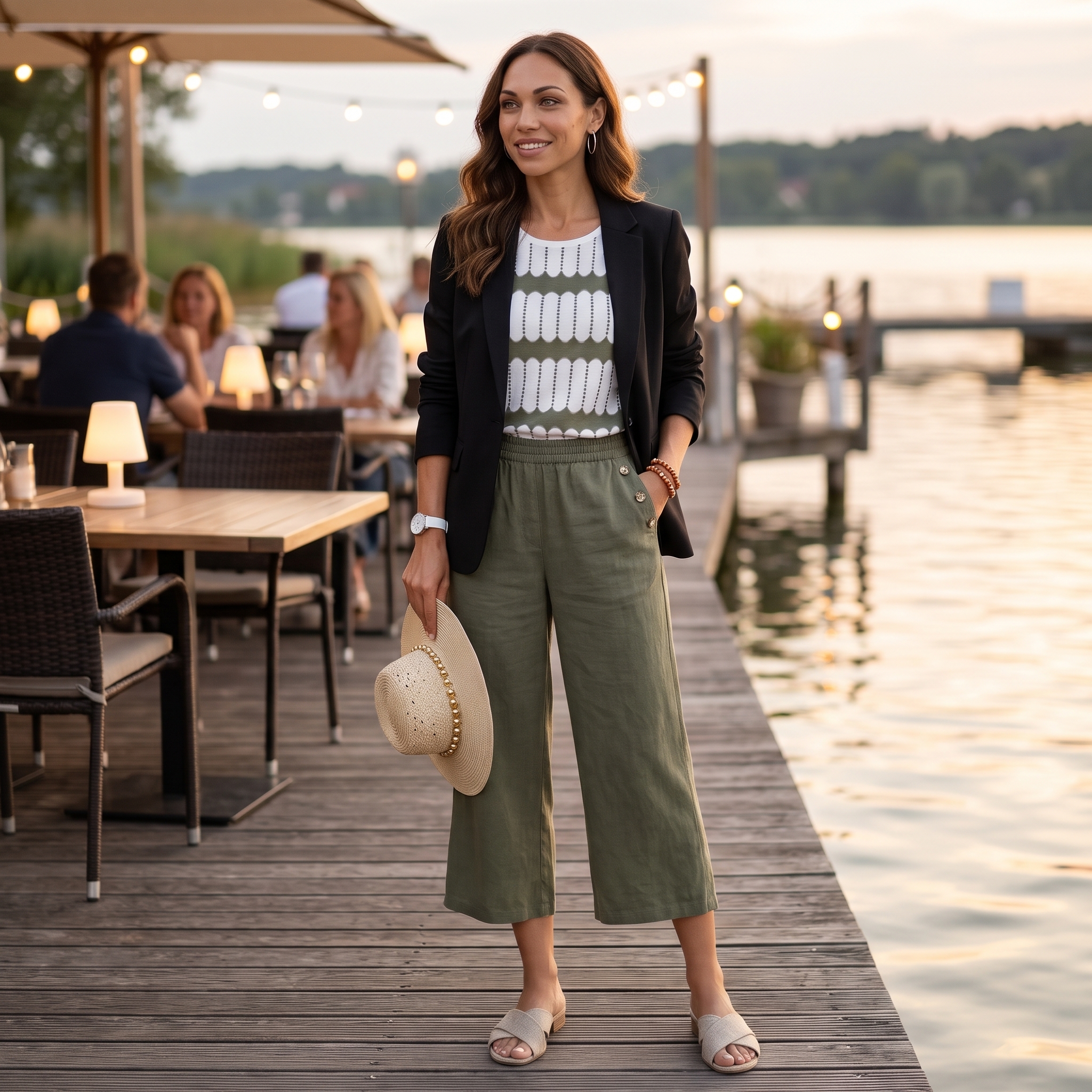 Femininer Leinenblazer über einem schlichten Outfit bei einem Abendessen im Freien