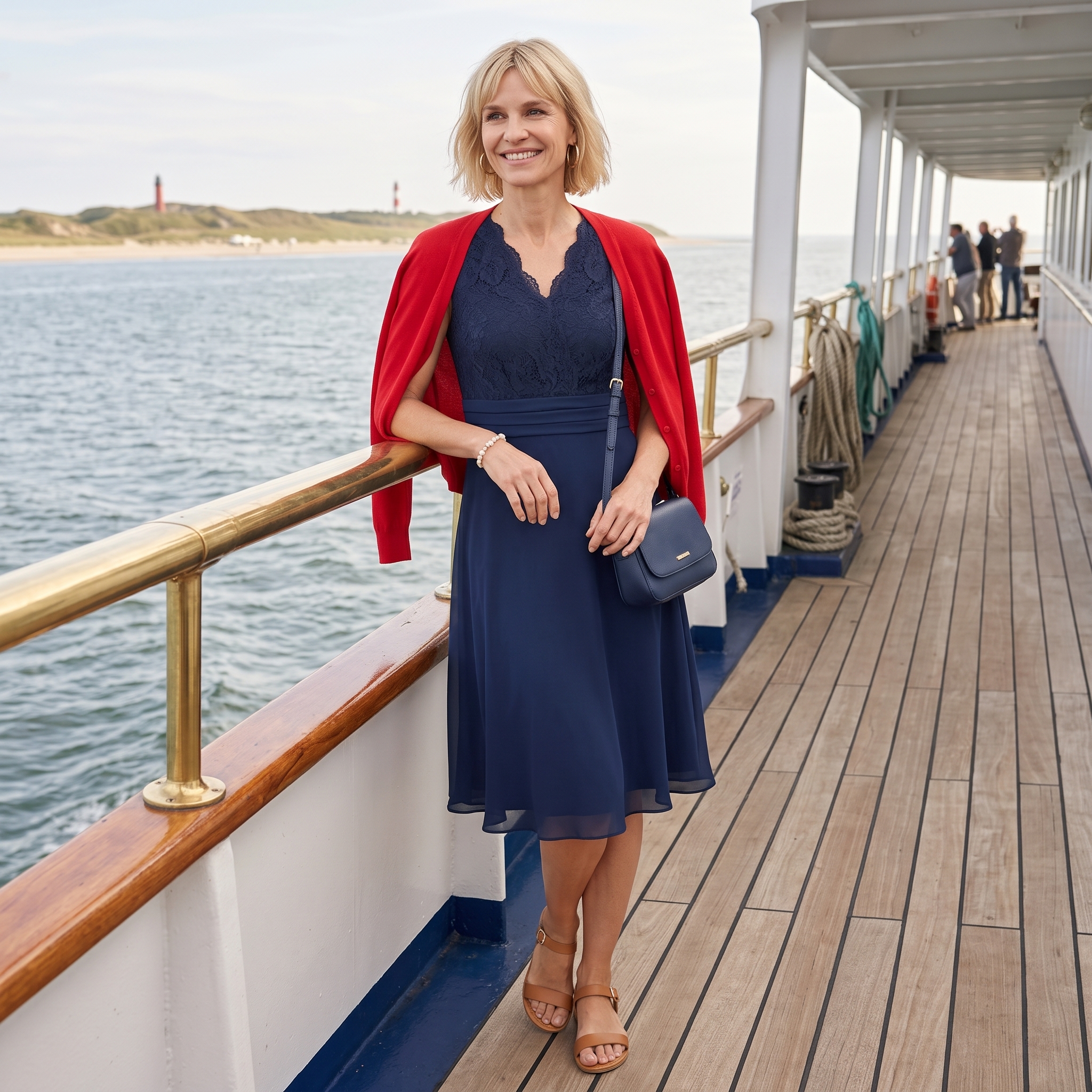 Feminines maritimes Kleid bei einem sommerlichen Gartenfest