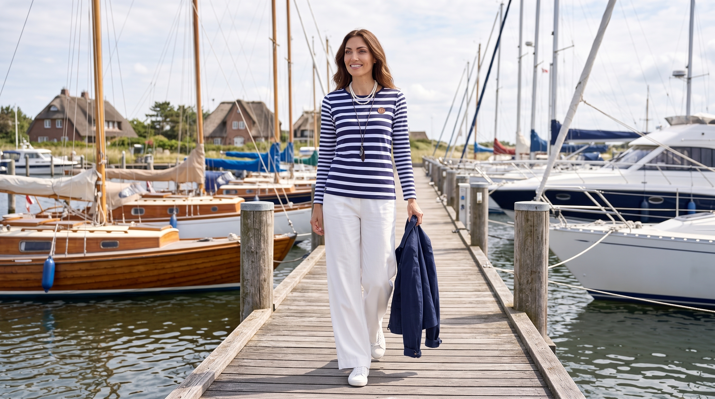 Selbstbewusste Frau in maritimem Outfit an der Küste