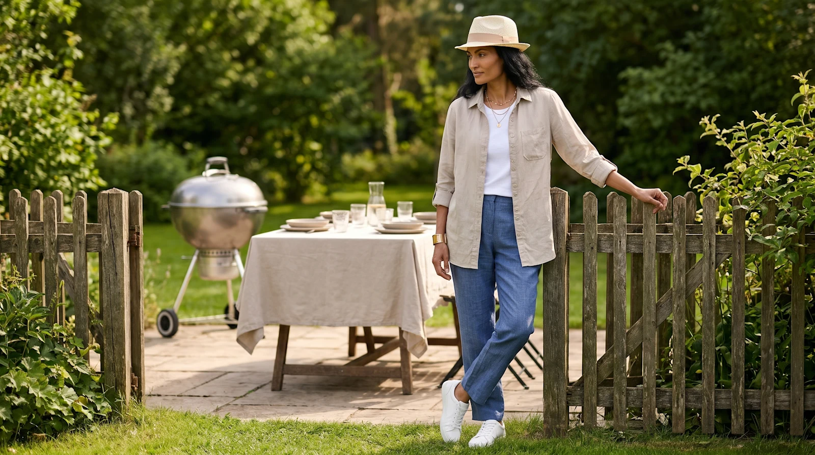 Selbstbewusste Frau in femininem Sommerlook bei einem Spaziergang in der Stadt Selbstbewusste Frau in femininem Sommerlook bei einem Spaziergang in der Stadt
