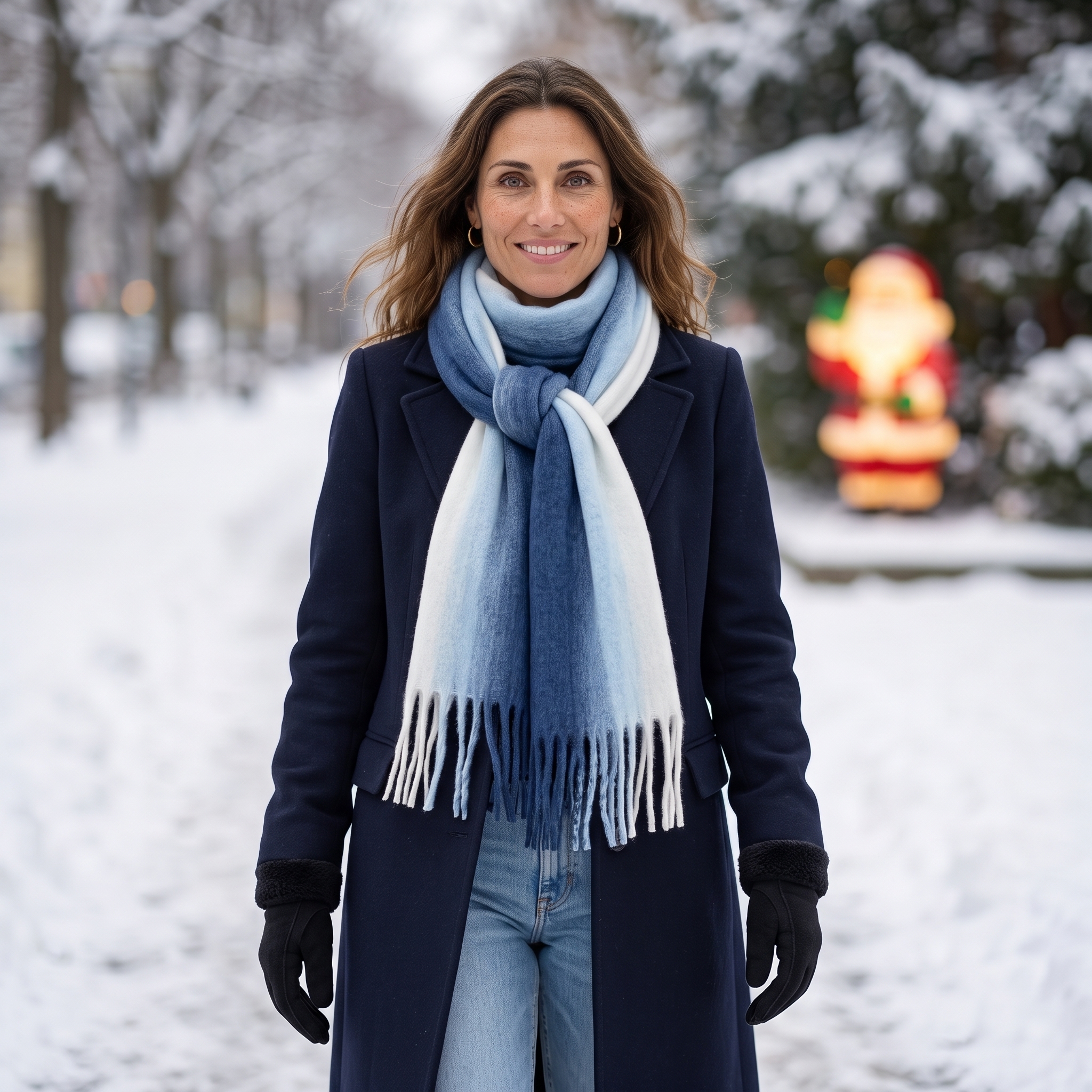 Klassisch gewickelter Schal zu Bluse und Wolljacke