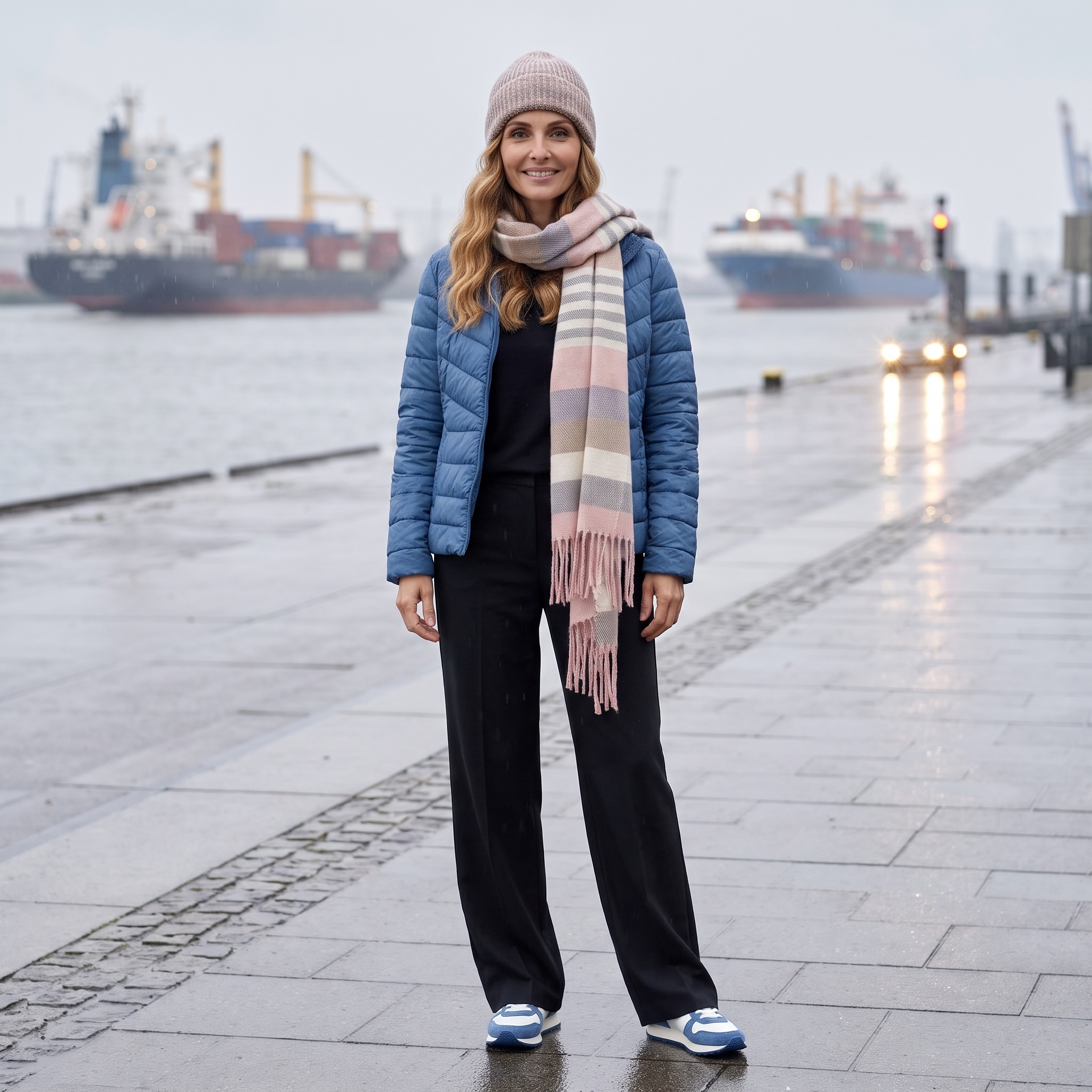 Mittellanger Schal zu geradlinigem Mantel und Stiefeletten