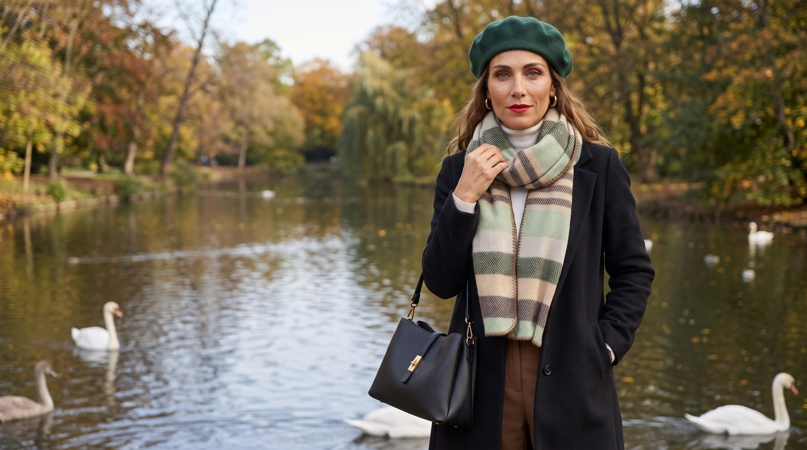 Stilsichere Frau mit weich drapiertem Schal vor herbstlicher Stadtkulisse