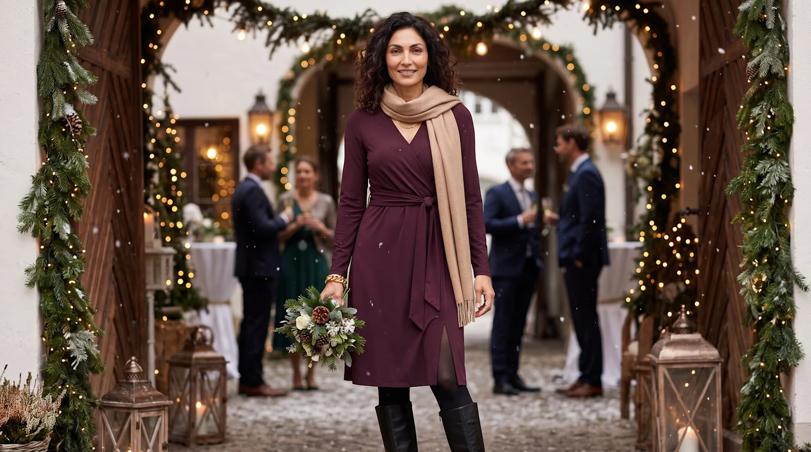 Stilsichere Gästin in festlichem Winterlook vor verschneiter Hochzeitskulisse Stilsichere Gästin in festlichem Winterlook vor verschneiter Hochzeitskulisse