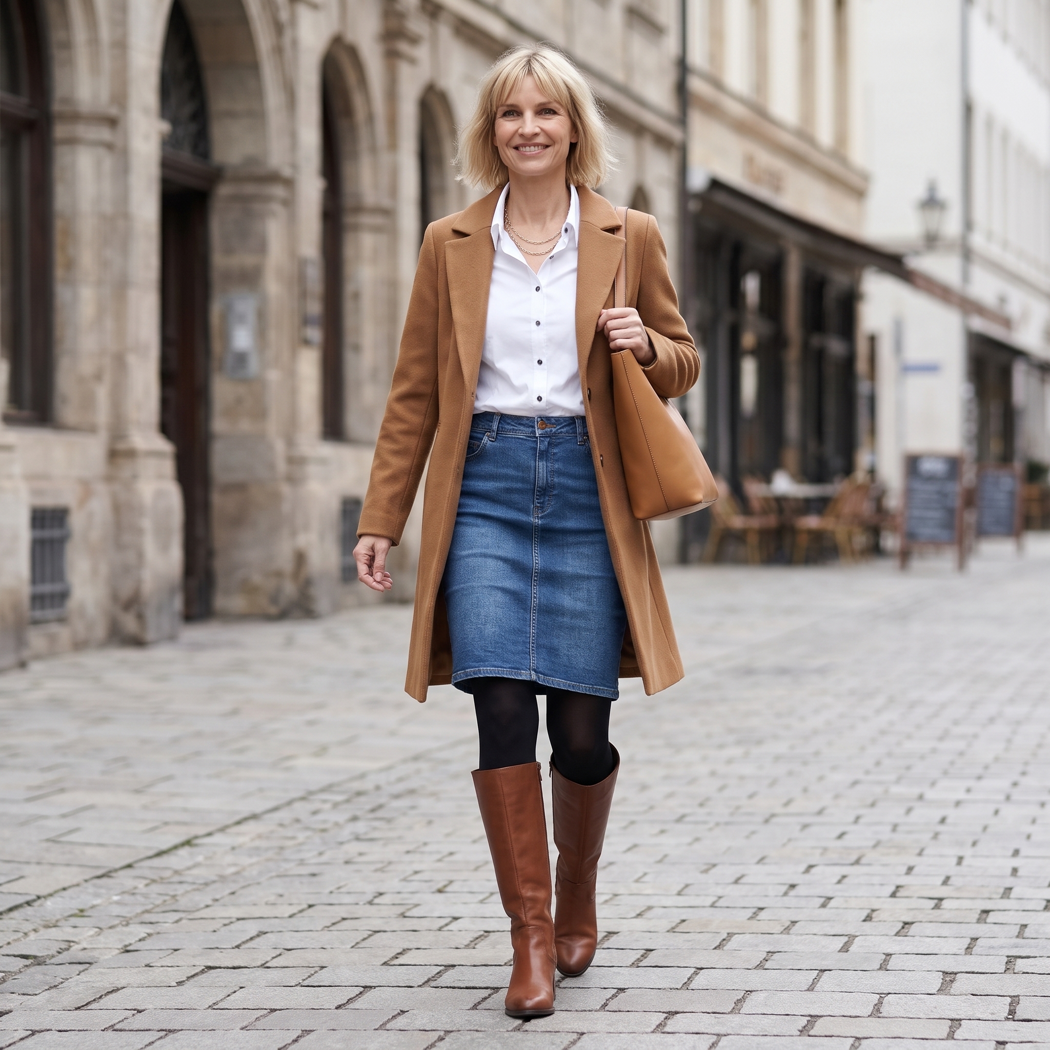 Frau in einem eleganten winterlichen Rock-Look mit feiner Bluse und Stiefeln vor einem Theater
