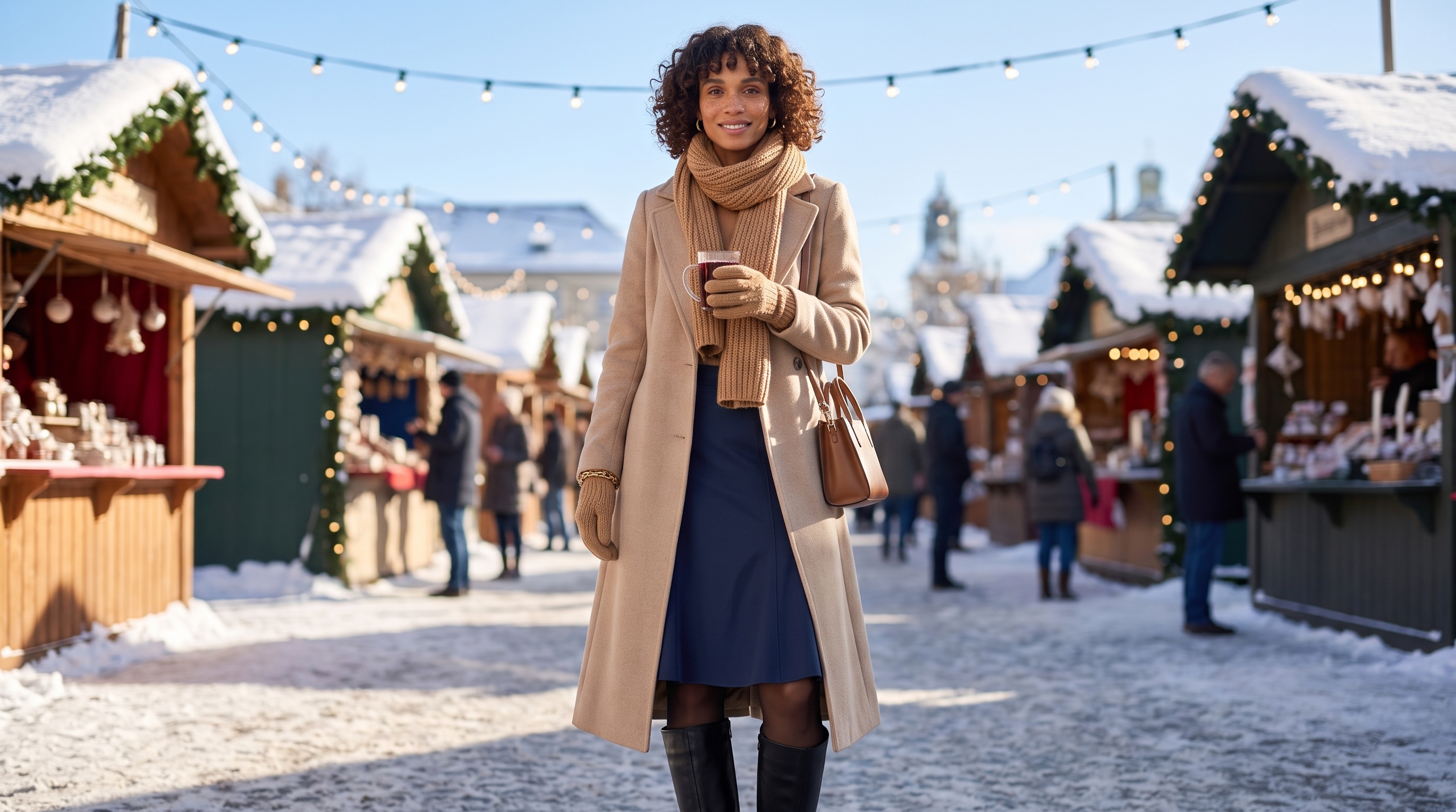 Frau in einem femininen Winterlook mit Midirock, Stiefeln und warmem Mantel auf einem winterlichen Stadtspaziergang