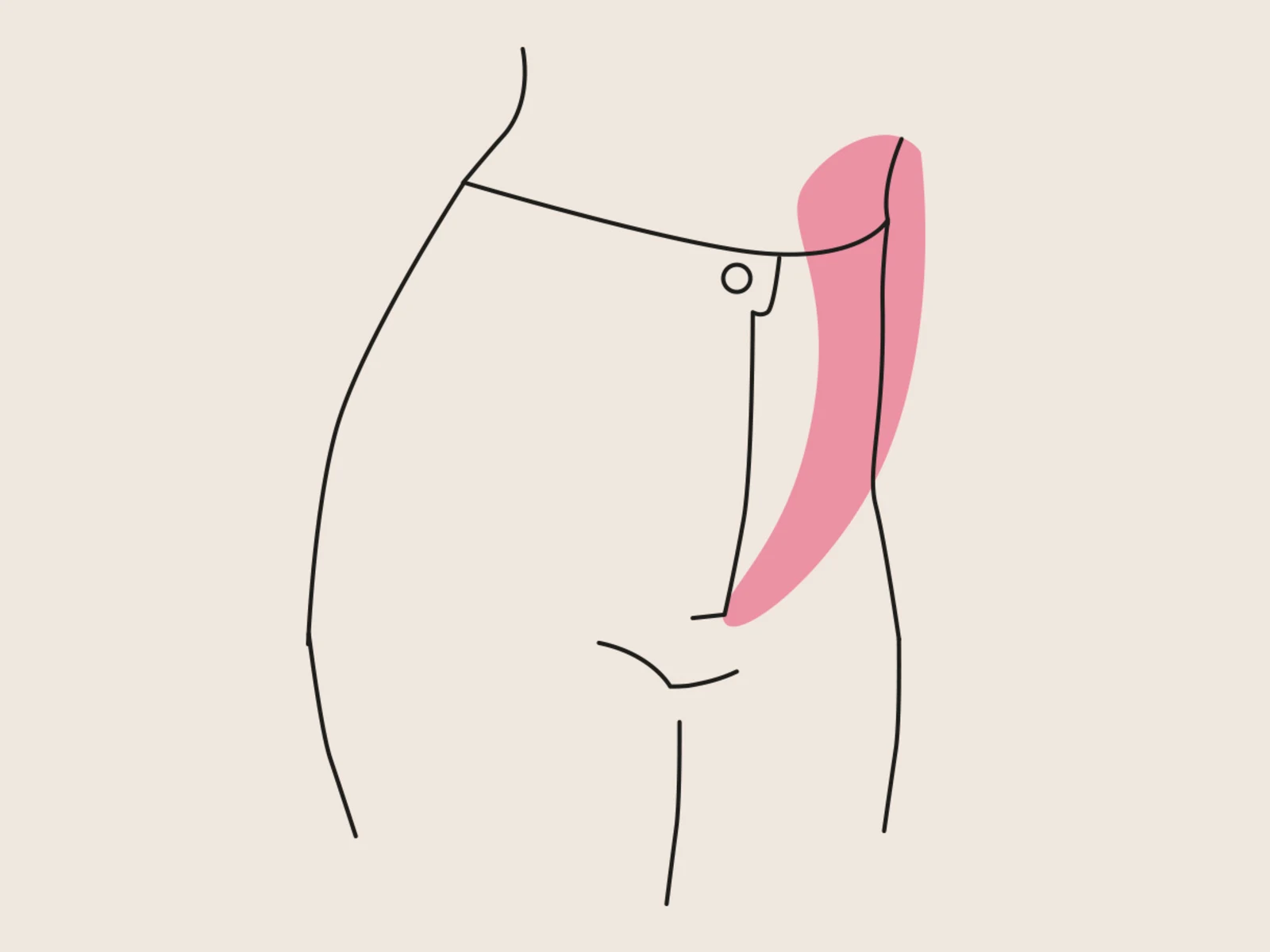 Minimalistische Illustration eines weiblichen Unterkörpers mit rosa Markierung entlang der Hüfte, auf beigefarbenem Hintergrund. Minimalistische Illustration eines weiblichen Unterkörpers mit rosa Markierung entlang der Hüfte, auf beigefarbenem Hintergrund.