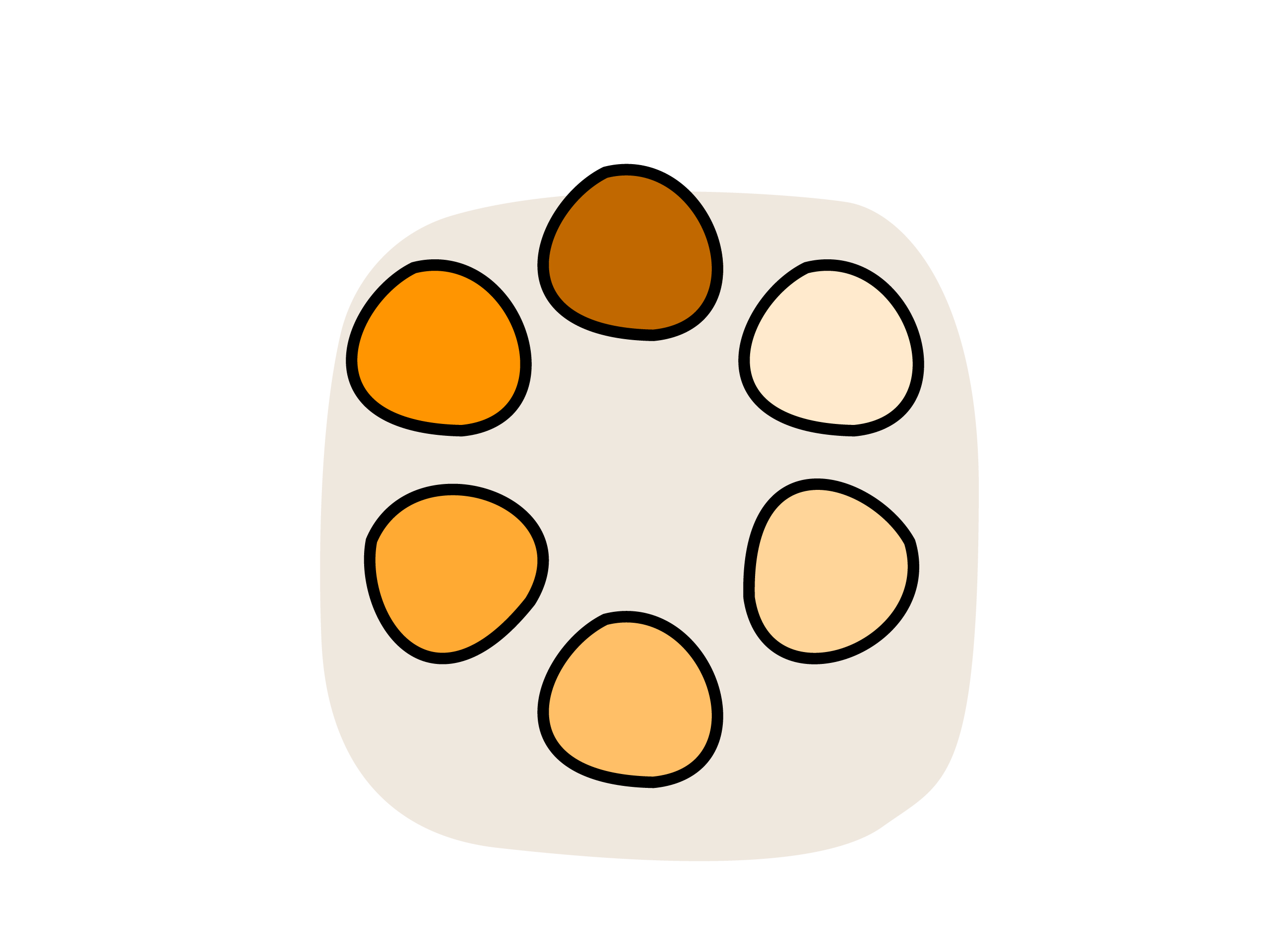 Illustration eines Farbkreises mit sechs organisch geformten Segmenten in orangen Abstufungen.