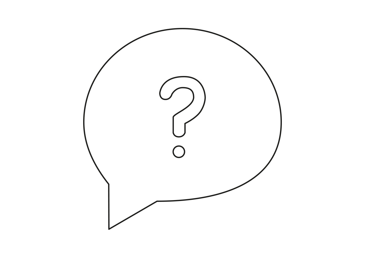 Vraagteken in een spraakballon, zwart-wit illustratie.