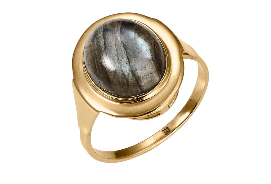 Goldring mit ovalem Labradorit-Stein und Gravur "333" auf der Ringschiene.