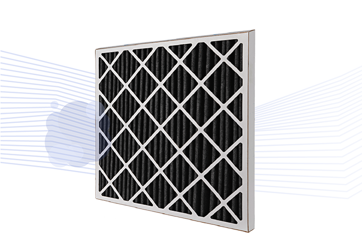 A rectangular air filter with a white frame and black mesh is shown with a stylized graphic background suggesting air flow and filtration.