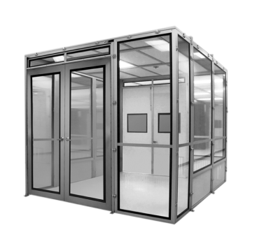 A modular cleanroom with a metal frame and transparent panels.