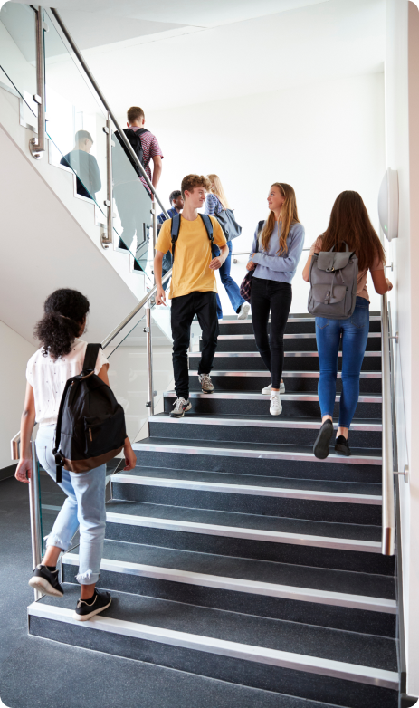 A group of students walking down the stairs