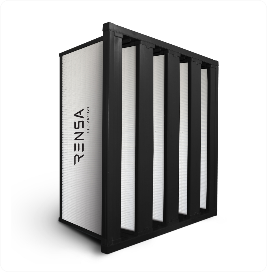 Image of a black-framed panel air filter with multiple vertical pleats and a white filter medium.