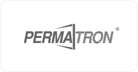 The image depicts the Permatron company logo in grayscale, with the 'M' resembling an open doorway.