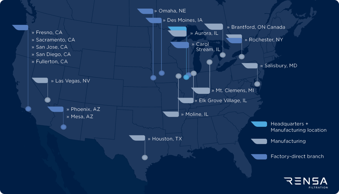 A map of the United States and Canada showing various Rensa Filtration locations, including headquarters, manufacturing sites, and factory-direct branches marked with different symbols.