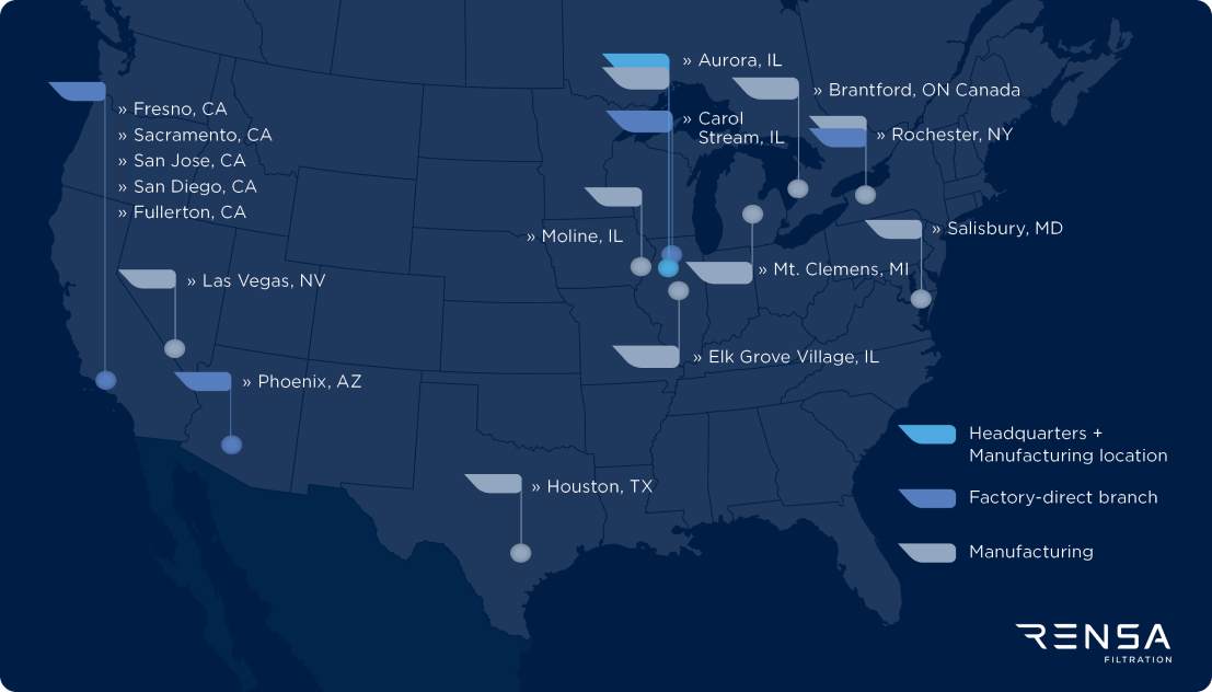 A map of the United States and Canada showing various Rensa Filtration locations, including headquarters, manufacturing sites, and factory-direct branches marked with different symbols.