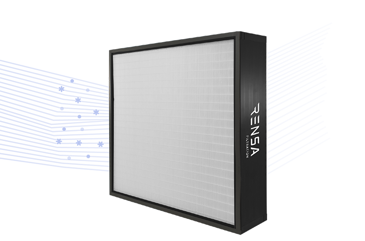 A black-framed air filter with a white surface is positioned against a background featuring blue lines.