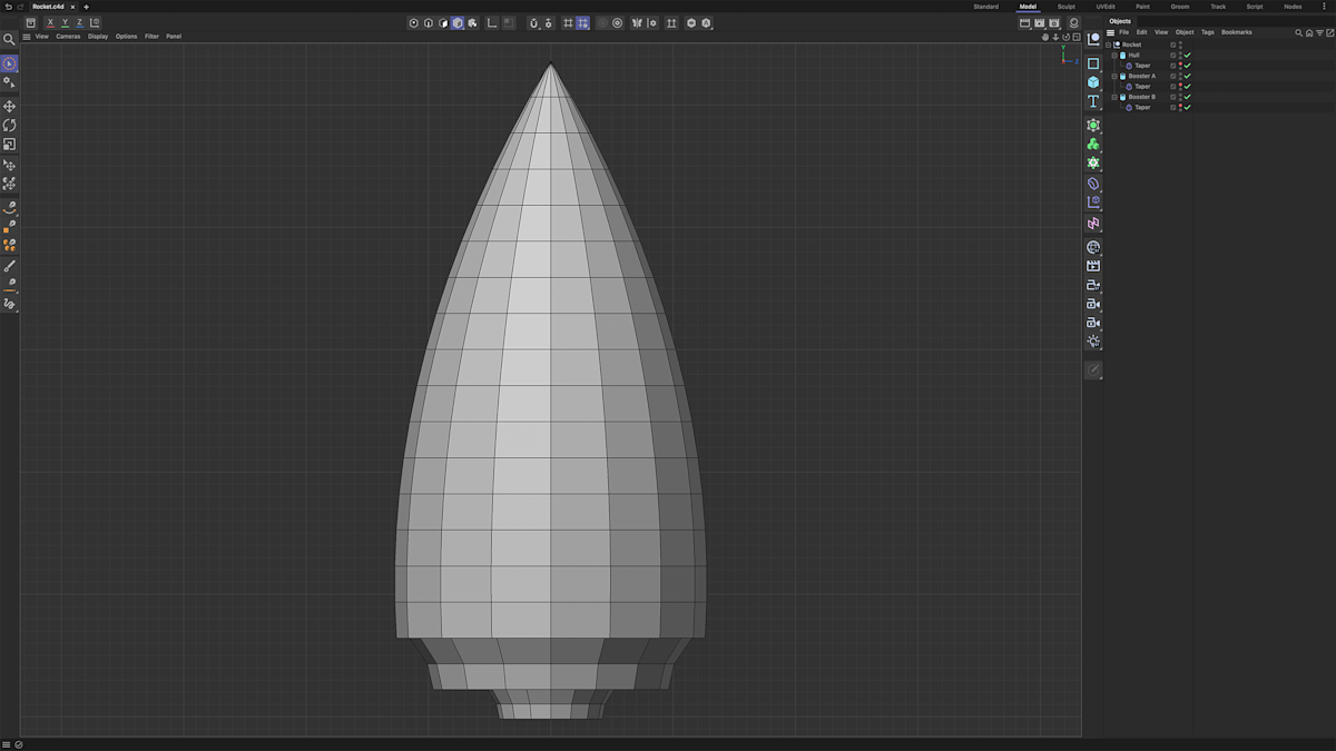 Fig. 2 - Complete rocket hull created using simple geometry and taper deformers