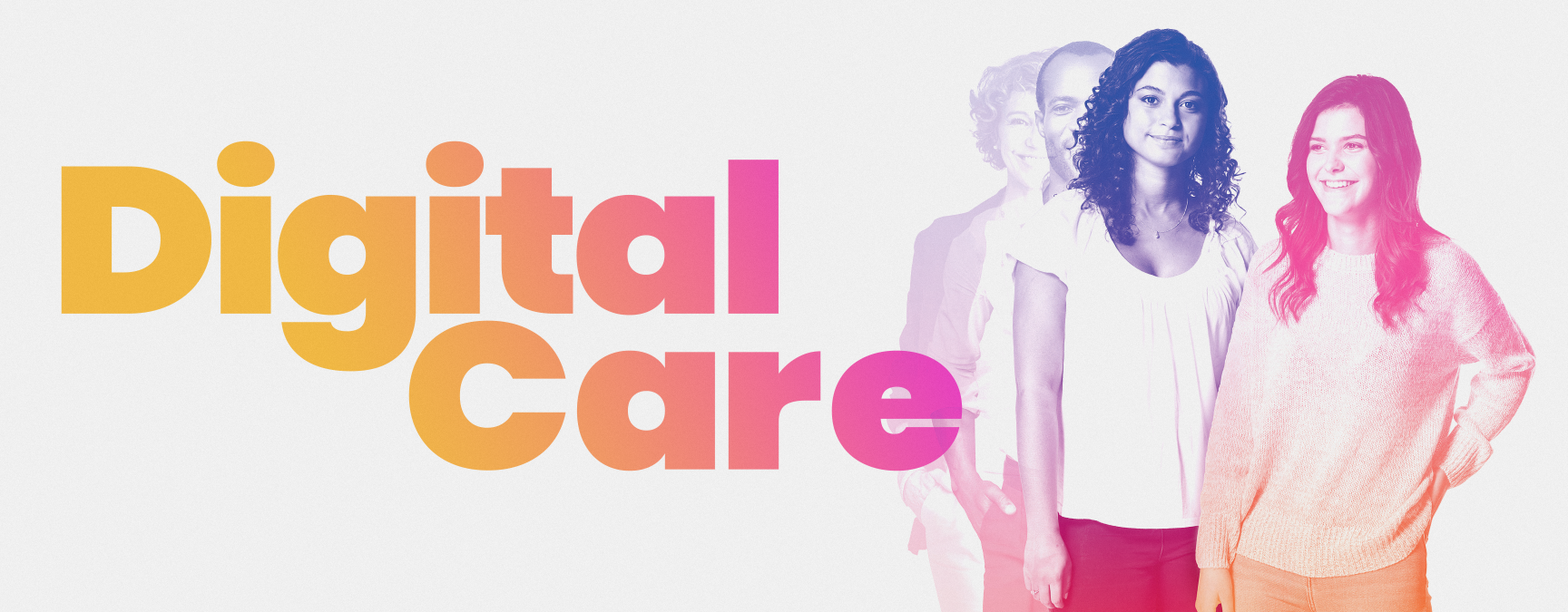 Adults standing alongside a young teenage girl with a gradient background reflecting the brand identity, accompanied by the caption Digital Care