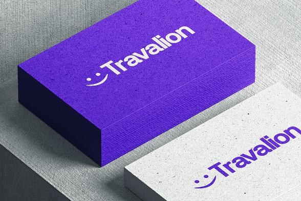 Two business card designs featuring the vibrant Travalion logo, highlighting its cheerful and friendly branding