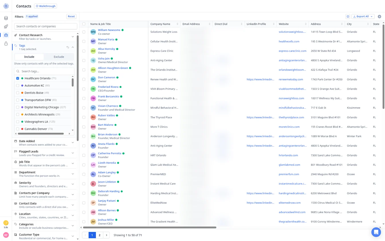 Coldlytics Contacts filtered by the Healthcare Orlando tag showing 71 contacts, emails blurred