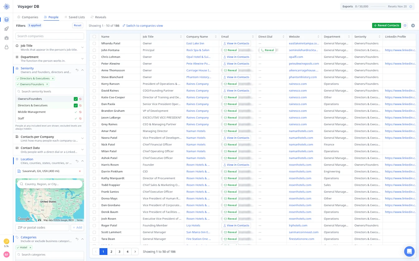 Voyager People tab with the same filters showing 186 people