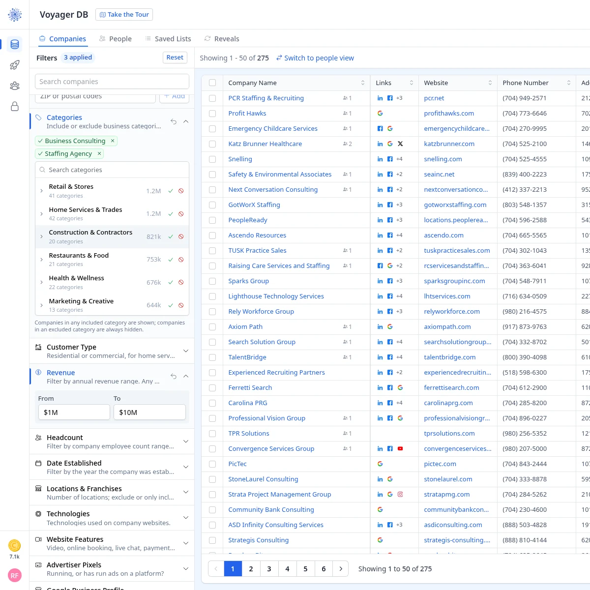 Voyager Companies tab with Business Consulting and Staffing Agency categories and $1M to $10M revenue
