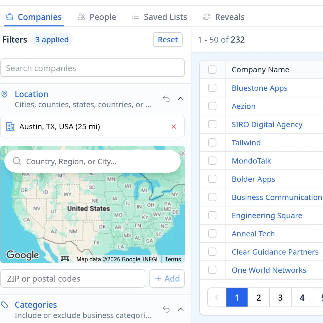 Voyager Companies tab filter panel for this search